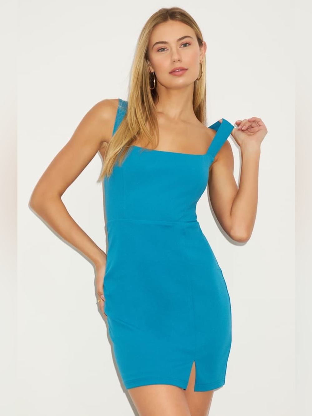 Lulus Social Sensation Blue Square Neck Mini Bodycon Dress Size Small